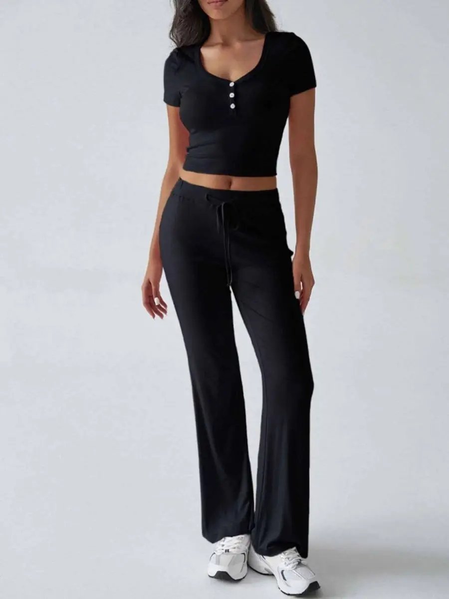 Chic Two-Piece Short Sleeve Top and Drawstring Pants Set - Love Salve